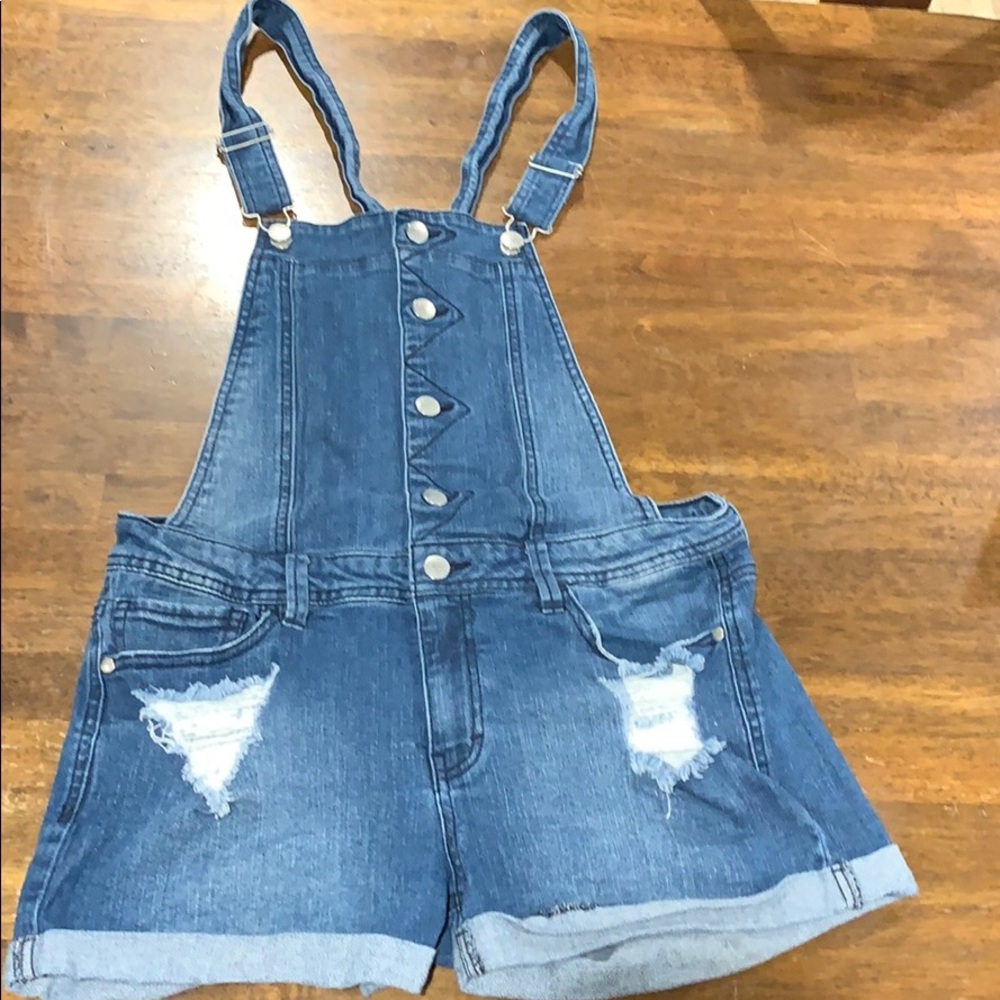 Distressed overall shorts